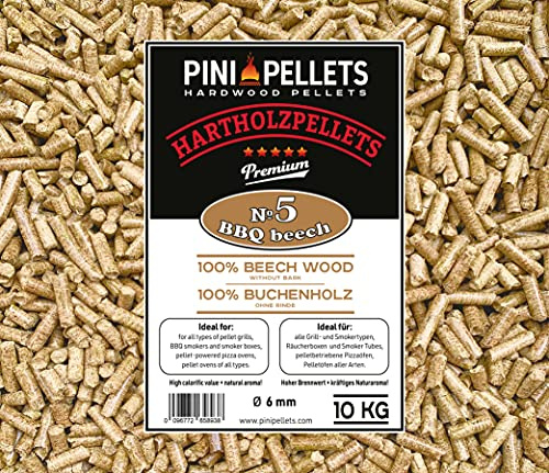 PINI Hartholz Pellets 100% Buche №5 BBQ Beech 10 Kg Grillpellets zum Grillen Räuchern Smoken