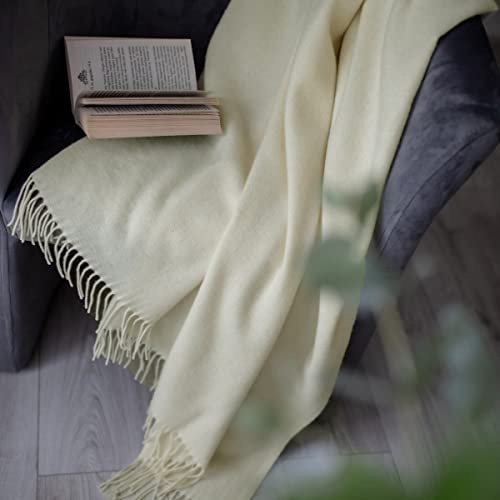 Linen & Cotton Klassisk Högklassig Filt Ullfilt Merino Stonewold med Fiskbensmönster - 100% Merinoull, Naturlig Naturvit (140 x 200 cm) Pläd Ullpläd Överkast Soffa Sofffilt Mysig Filt Dagfilt Lammull