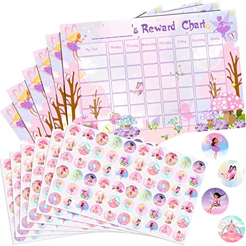 Outus Lot de 12 tableaux de récompense avec autocollants comprenant 6 tableaux de comportement, 6 feuilles/360 tableaux de récompense, autocollants réutilisables pour filles et enfants (style