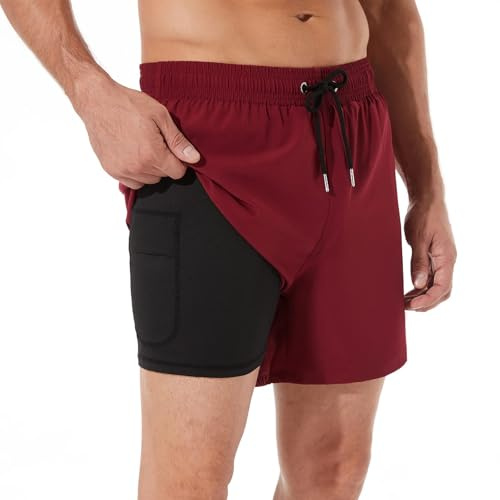 ineepor Bañador para Hombre 2 en 1 de Secado Rápido con Forro de Compresión Pantalones Cortos Hombre Deporte con Bolsillos con Cremallera Elástico de Forro,XXS-5XL