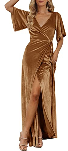 MEROKEETY Women's V Neck Wrap Velvet Maxi Wedding Guest Dress Bell Sleeve Split Bridesmaid Cocktail Party Formal Dresses, Golden, XL