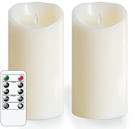 Mavandes 10 x 20CM sin llama velas parpadeantes con mando a distancia, LED con pilas temporizador real cera Pilar Velas, marfil Pack de 2 de larga duración falsa velas eléctricas