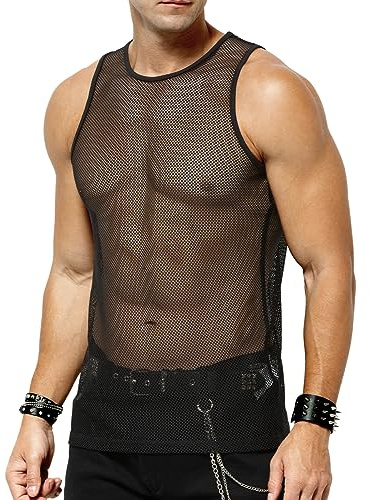 Casey Kevin Transparent Fisknät Ärmlös T-shirt för Män Sexig Kortärmad Skjorta Väst med Fisknät för Klubbfest