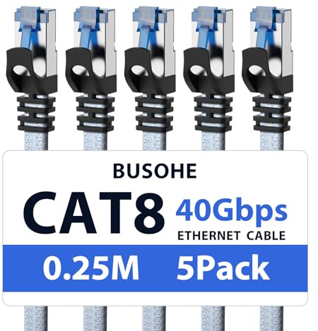 BUSOHE Cat 8 Câble Ethernet 0,25m (5 Pièces), Câble Réseau LAN Gigabit RJ45 Plat Haut Débit, Tressé Cable Internet 40Gbps 2000Mhz Compatible avec PC, Routeurs, Modems