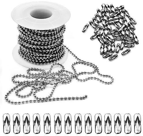 32.8 Feet (10 Meter) Ball Bead Chain 2.4mm Ball Chain Necklace Stainless Steel Necklace Chain for Jewellery Making Self Created Keychains Bracelets,with 50 Ball Chain Connectors