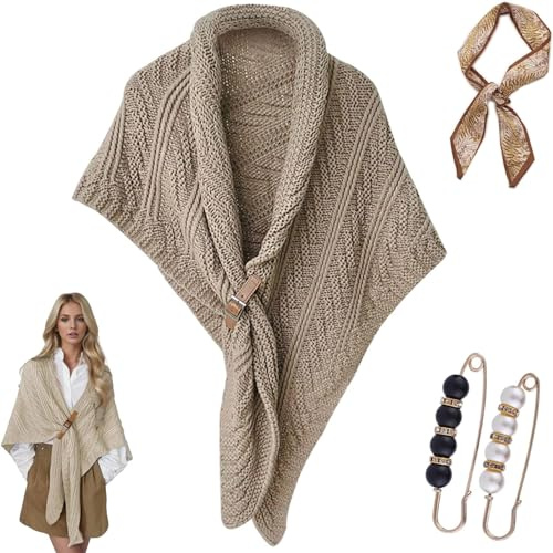 Mantón Triangular Multifuncional para Damas, Bufanda De Moda, Chal Triangular De Punto, Ponchos Cálidos para Otoño E Invierno (Khaki,One Size)