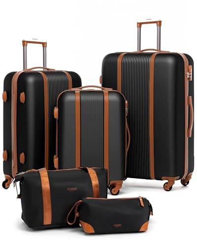 FERGÉ Kofferset Hartschale 5-teilig Milano 3 Größen Hartschalenkoffer Set + Reisetasche + Kulturbeutel - 3er Set Reise-Koffer 4 Rollen, leicht Reisen schwarz