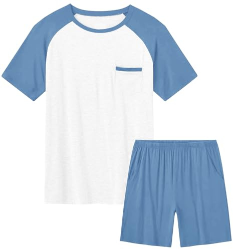 Haloumoning Pigiama per bambini, a maniche corte, estivo, in due pezzi, con maglietta e pantaloni da notte, taglie da 120 a 160, Blu, 150 Centimetro