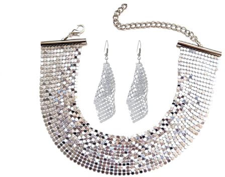 Faruodis Ensemble de collier avec paillettes, boucles d'oreilles, collier choker en maille métallique large, collier punk à paillettes brillantes, collier ras du cou, chaîne de cou, bijoux pour femmes