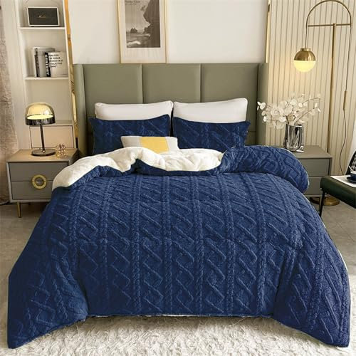 HOMEYA Edredón Borreguillo Invierno 180x260 cm para Cama 90/105, Reversible Franle Sherpa, Relleno Microfibra, Nórdico Cálido Suave, con 1 Funda de Almohada 50X70 cm, Marino