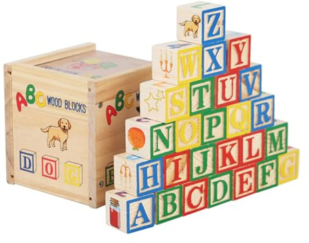 Shienfir Blocs de l'alphabet préscolaire, Ensemble Construction ABC, Jouet en Bois avec boîte Rangement, Apprentissage des Lettres et Chiffres, Puzzle éducatif, Jeu d'empilage Cubes pour Tout-peti
