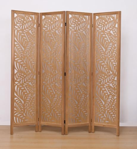 PEGANE Paravent ajouré, séparateur de pièce en Bois avec Motifs Feuille, 4 pans Coloris Brun Clair - Hauteur 170 x Longueur 160 cm