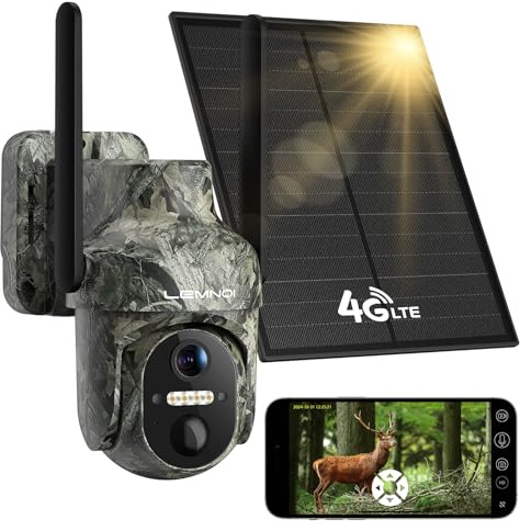 LEMNOI Fotocamera da Caccia 4G con SIM Preinstallato, Fototrappola Solare, 2K Telecamera di Sorveglianza con Visione Notturna a Colori, Rilevamento PIR, IP66 Impermeabile