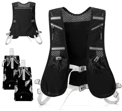 KLYKLL Gilet Running Uomo Donna Zaino Idratazione Running Gilet da Corsa Riflettente, con 2 Borraccia Pieghevole 500ml Zaino Trail Running per Uomo Gilet Idratante da Corsa Donna per Corsa Ciclismo