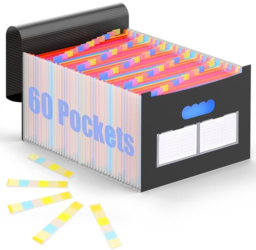 AFMAT Dokumentenmappe A4 60 Fächer,Fächermappe Sortiermappe Bunte Datei Ordner Dokumenten Organizer,Akkordeon Design Aktenmappe Ordnungsmappe mit Bunten Labeln,Grosse Kapazität Wasserdicht mit Deckel