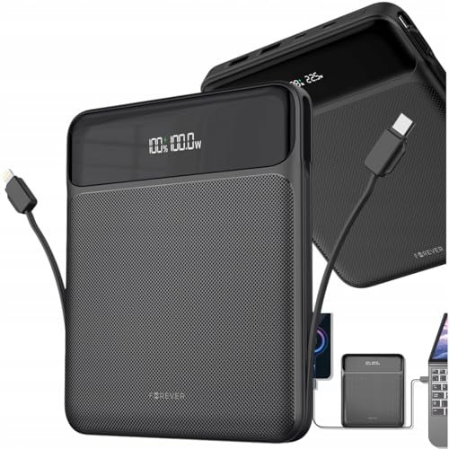 Forever Laptop Powerbank 20000mAh 100W Schwarz – Powerbank USB C mit integriertem Lightning Kabel - 5 Ladeanschlüsse - Schnellladefunktion für Laptop & Smartphone - LED-Display - Kompakt & Leicht