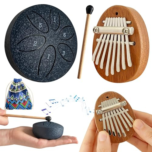 Jongdari Mini Rain Drum and Kalimba Thumb Piano, 2pcs Mini Musical Instruments 8 Key Exquisite Finger Thumb Piano and 3 Inch 6 Notes Metal Steel Tongue Drum for Adult Beginners (Dark Blue)