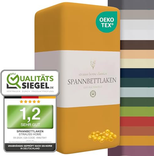 Strauss Home ® Jersey Spannbettlaken Spannbetttuch Bettlaken 100% Baumwolle 90x200-100x200 cm (Senfgelb/Safran)