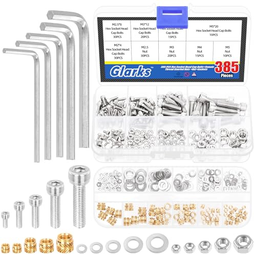 Glarks 385pcs M2/2.5/3/4/5 Socket Head Screw and Thread Brass Knurled Nut Set, 105pcs Hex Socket Head Cap Screw, 65pcs Brass Threaded Insert Embedment Nut with Nuts and Washers for 3D Printer Use