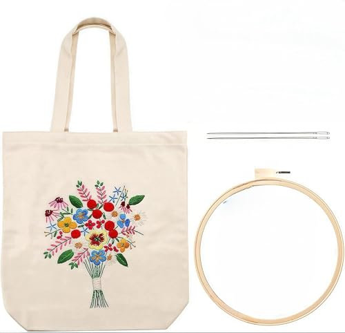 Alriedy Stickset för nybörjare, gör-det-själv-broderiset för vuxna, korsstygn canvasväska med blommönster, komplett broderiset med instruktioner, trådar och verktyg för konst och hantverk