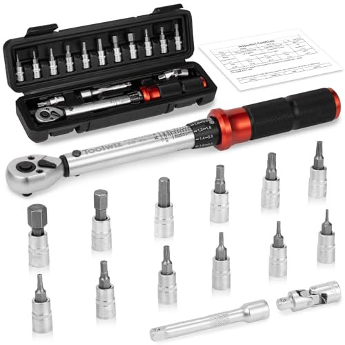 Toolwiz Llave Dinamométrica 1/4'', Llave de Torque 2-26 Nm, 72 Dientes, Precisión ±3%, 15 Piezas Llave Dinamométrica Set con Extensión, Adaptador, Torx, Bits, para Coche, Camión, Moto