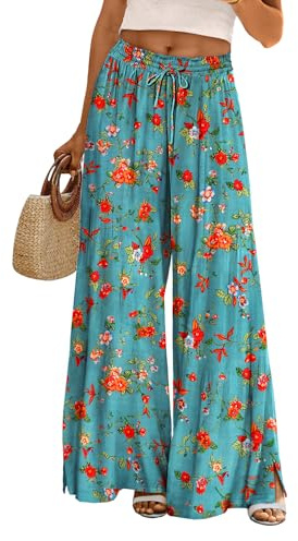 YESNO Wide Leg Trousers for Women Elastic High Waist Floral Casual Cotton Trousers Summer Boho Palazzo Lounge Pants M PP0UK CR014