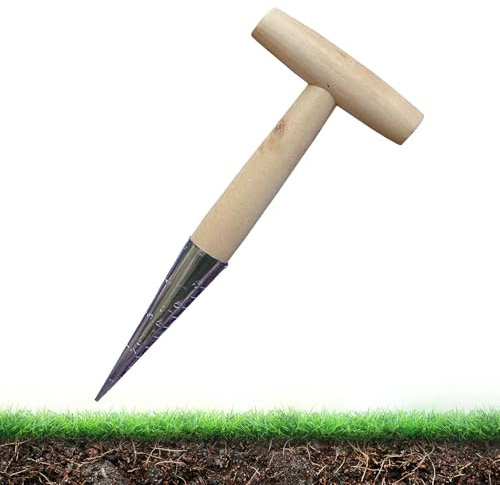 LUMOOM Outils de plantation de bulbes en bois - Avec calibrage et poignée en bois - Outils de jardinage traditionnels - Distributeur de graines pour la plantation de jardin