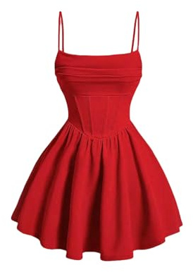 YIMAISZQ Damklänningar Damklänning med rynkad korsett, spaghettiband, fit and flare, flödande skater mini cami-klänning-röd-xxs