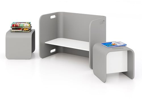 LIFEZEAL Juego de Mesa y Sillas para niños en Forma de U de Madera, Conjunto de Pupitre Infantil de 3 Piezas, Mesa de Actividad Multiuso con Espacio de Almacenamiento (Gris)