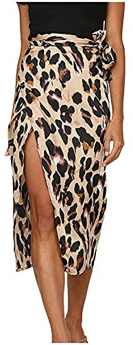 Leo Rock Damen Midi, Röcke Damen Sommer mit Schlitz Tunika Wickelrock Sexy Skirt Elegant Sommerrock Leicht Midirock Lässiger Sommerröcke Hoher Taille Bleistiftrock mit Kordelzug