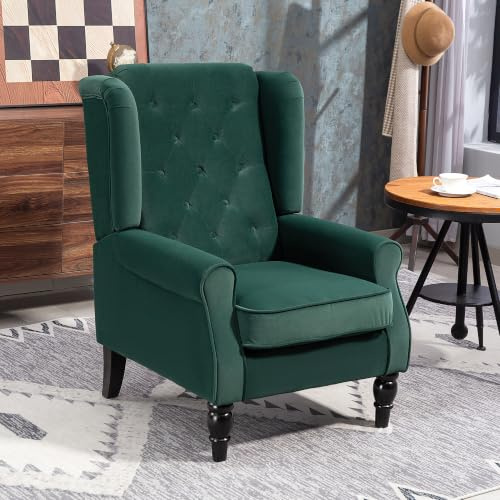 HOMCOM Wingback Accent Chair Velvet Armchair High Back Green | Thick Spring Cushion, Solid Wood Legs, Retro Button Tufted, Reading, Living Room, Bedroom