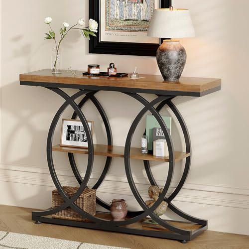 Tohomeor Table console étroite pour le couloir 105x30, Table de canapé industrielle à 3 niveaux avec base ronde, Table d'appoint en bois avec compartiments de rangement pour salon, couloir, entrée