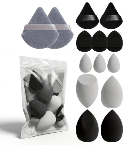VYNZOR Set di 14 pezzi spugnette trucco, 4 puff cipria, 3 mini puff cuscino, 4 spugne per trucco, 3 mini miscelatori per trucco, nero riutilizzabili, spugnetta trucco per fondotinta liquido (nero)