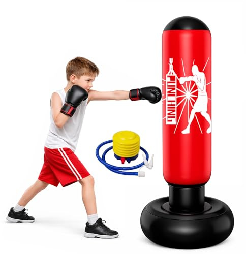 BOYIFEIJIE Uppblåsbar boxningssäck för barn, 160 cm, stående boxningssäck med pump, för karate, taekwondo, kickboxning, tränar koordination och självförtroende, gåva till pojkar och flickor, 6–12 år