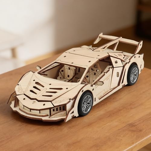 Foyucool 3D Wooden Puzzles for Adults, Mechanical Car Model Kits to Build | DIY Pull-Back Vehicle Construction Set, Creative Birthday for Teens Men (Sports Car)