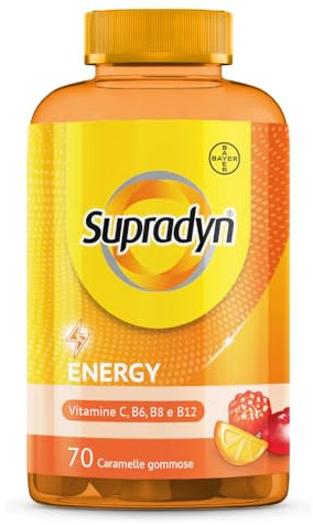 Supradyn Energy, Integratore Multivitaminico Completo, con Vitamine A, B, C, D, E e Coenzima Q10, 70 Caramelle Gommose Multivitaminiche Gusto Ciliegia, Lampone e Arancia