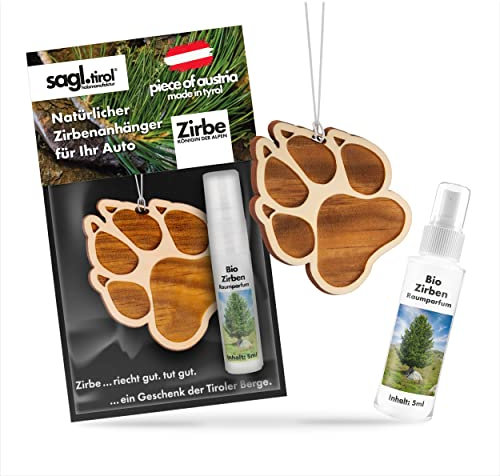 sagl.tirol Auto Duft aus Zirben Holz [100% Bio] inkl. Zirben Raum Parfüm 5ml I verschiedene Motive I natürlicher Auto Duftbaum I Auto Duft Innenraum I Auto Lufterfrischer I Autoduft I Pfote