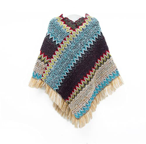 PEIHUODAN Poncho Schal Damen Winter Warmer Böhmischer Schalponcho Outdoor Kuschel Poncho Teenager Mädchen Mit Strick, Cape Für Frauen Aus Strickmaterial Mit Zierfransen, Bunt (Blau)