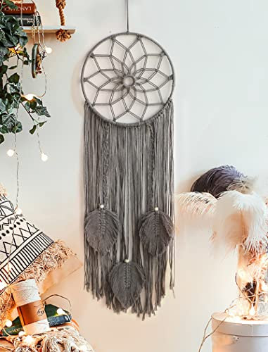 Nice Dream Macrame Dream Catcher Large Dream Catchers for Bedroom Boho Wall Hanging Decor with 3 Woven Feather Tassels Home Decoration Grey