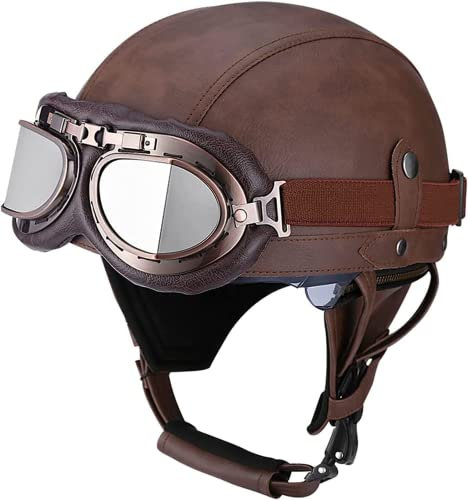 Syagot Retro Motorradhelm Lederhelm Jethelme Leder-Helm Vintage Mopedhelm Mit Brille Motorradkreuzer-Rollerhelm im Deutschen Stil (XL)