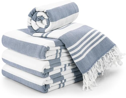 Utopia Towels - Toalla turca de playa 100 % algodón, gran tamaño, antiarena, ligera, secado rápido, prelavada, toalla peshtemal grande para viajes, azul vaquero, 4 unidades (101,5 x 183 cm)