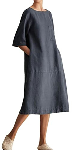 ORANDESIGNE Robe Tunique Femme en Coton Et Lin Manches Courtes Chic et Elegant Longue Swing Plage Boho Ample Tee Shirt avec Poche Maxi Grande Taille Décontractée été