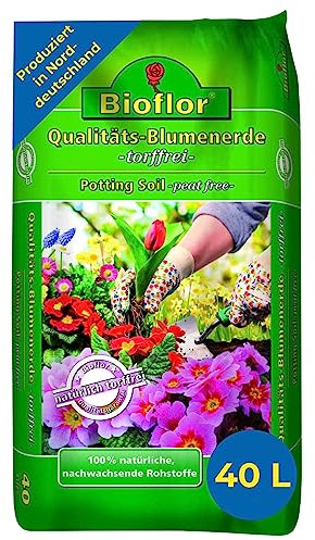 Bioflor Qualitäts-Blumenerde torffrei 40 L I Garten-, Balkon & Zimmerpflanzen-Erde I Verbesserte Durchlüftung & gesunde Wurzelentwicklung I Blumenerde Zimmerpflanzen & Gartenerde