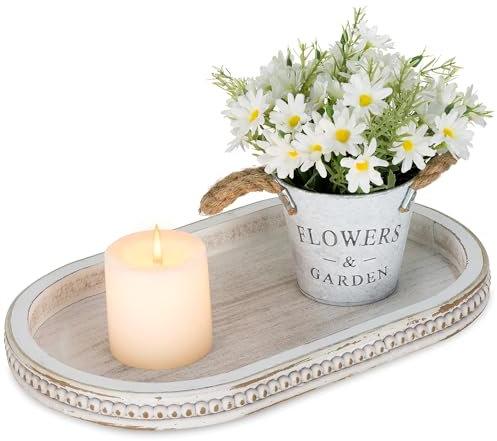 Hanobe Bandeja Decorativa para Servir, Color Blanco: Bandeja de Mesa de café con Cuentas, rústico, Vintage, Centro de Mesa, decoración de Granja, Cocina, mostrador, Organizador para el hogar, Ovalada