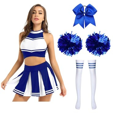 Alvivi Cheer Leader Kostüm Damen Cheerleading Uniform 5tlg.Crop Tops + Rock + Socken Pompoms Haarband Halloween Karneval Fasching Kostüm Blau S