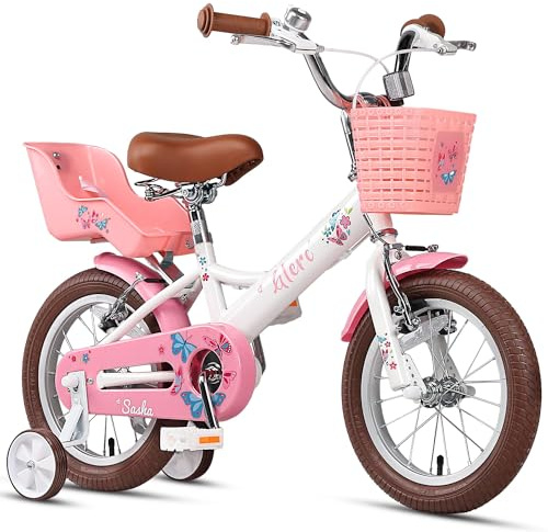 Glerc Sasha 16-tums cykel för 4-, 5-, 6- och 7-åriga flickor i retro-/vintagestil, barncyklar med dockcykelsäte och stödhjul och stativ, vit