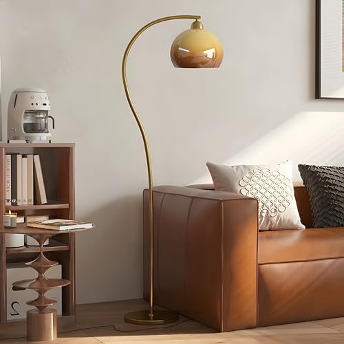 Bofea-Arc Floor Lamps for Living Room Gold Floor Lamp with Orange Glass Shade,3 Color Temperatures,Orange Tall Reading Light with Foot Switch，Ambient Lighting Lamps Mid Century Arch Lamp for Bedroom