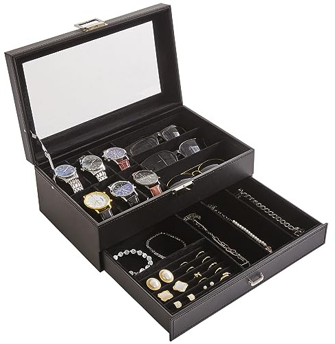 IBUYKE Porta Orologi a 6 Scomparti, Scatola Portaorologi a 2 Livelli, con Cuscinetti, Scatola per orologi in pelle PU per occhiali da sole e gioielli,Fodera in Velluto, Nero,JWB002B