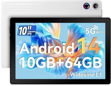 Ainmel 10 inch Tablet, Tablets Android 14 10GB RAM 64GB ROM,1TB TF Card Expand, 1280 * 800 Full HD Tablet with Octa-Core Processor, 5000mAh Battery, 8MP & 5MP Dual Camera Face ID (White)