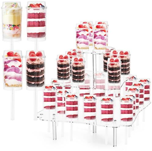 TOPZEA 32 Pack Push Cake Pop Containers & 32 Holes Acrylic Clear Cake Stand, Plastic Reusable Round Shaped Push Up Cakes Pop Shooters Cup with Lids & Treat Stand for Wedding Birthday Christmas Party